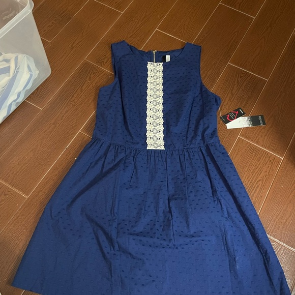 KENSIE blue cotton DRESS floral ivory lace embroidered fabric size LG sleeveless - Picture 4 of 16